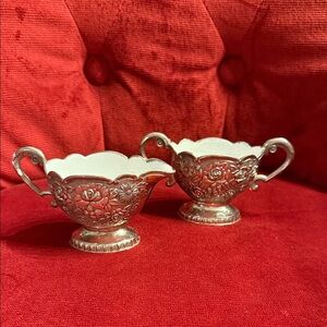 Silver Plated Creamer and Sugar Bowl Tray White Enamel Interior Roses Japan